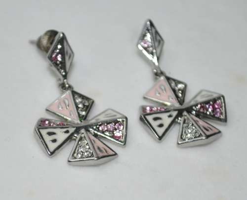 Vintage Silver Tone Maltese Cross Earrings with Light Pink and White Crystal and Enamel