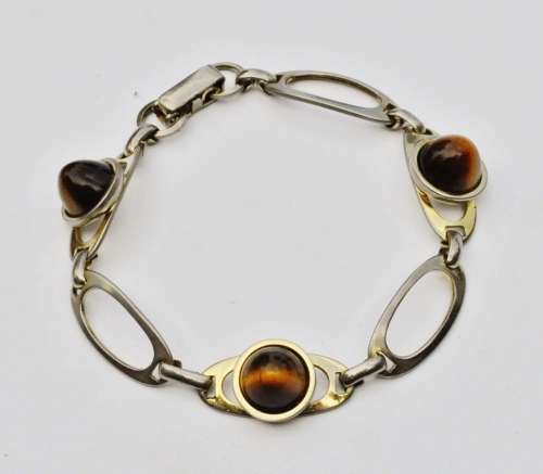 Vintage Gold tone and Cabochon Tiger Eye Link Bracelet