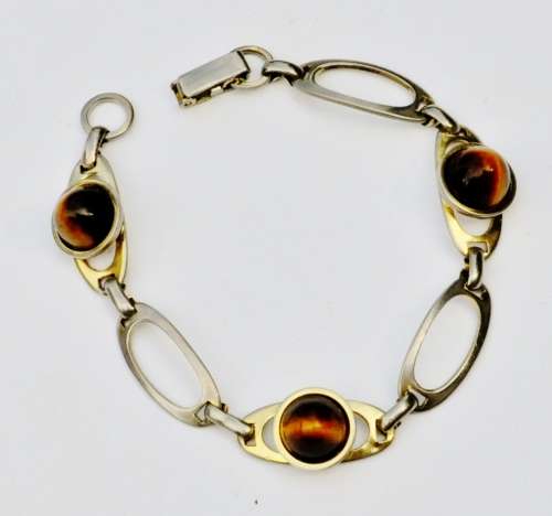 Vintage Gold tone and Cabochon Tiger Eye Link Bracelet