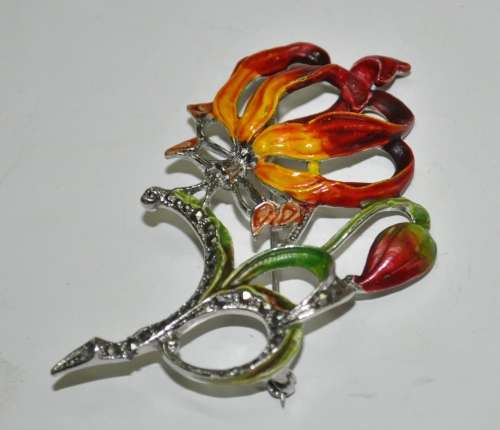 Vintage 1950s Signed BJL B  Bohemian Jewellers Ltd enamel and marcasite Flame Lily brooch pin