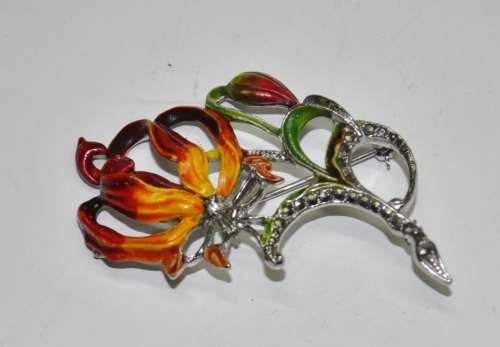 Vintage 1950s Signed BJL B  Bohemian Jewellers Ltd enamel and marcasite Flame Lily brooch pin