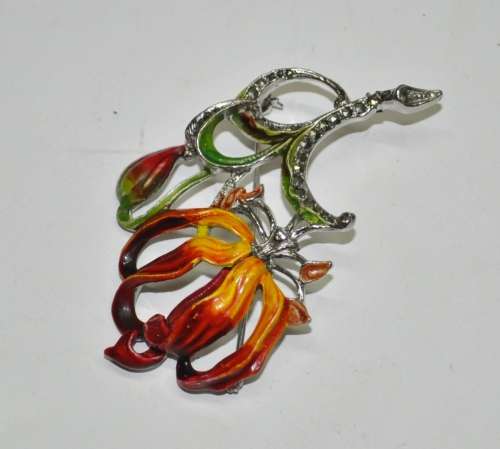 Vintage 1950s Signed BJL B  Bohemian Jewellers Ltd enamel and marcasite Flame Lily brooch pin