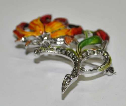 Vintage 1950s Signed BJL B  Bohemian Jewellers Ltd enamel and marcasite Flame Lily brooch pin