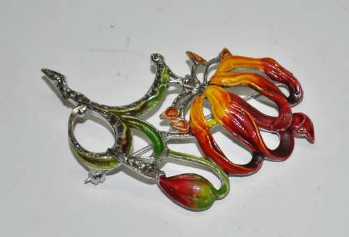 Vintage 1950s Signed BJL B  Bohemian Jewellers Ltd enamel and marcasite Flame Lily brooch pin