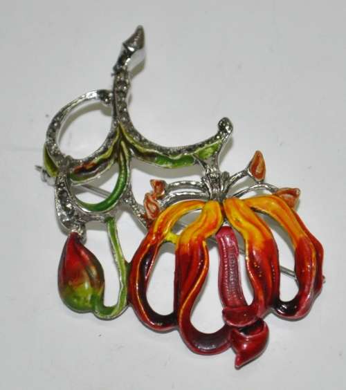 Vintage 1950s Signed BJL B  Bohemian Jewellers Ltd enamel and marcasite Flame Lily brooch pin