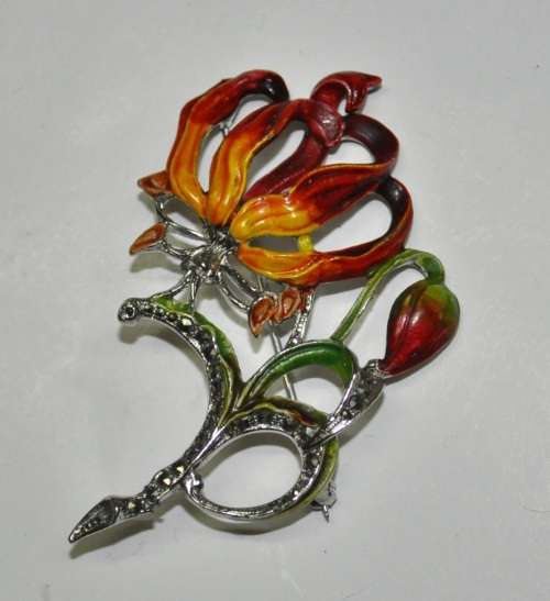 Vintage 1950s Signed BJL B  Bohemian Jewellers Ltd enamel and marcasite Flame Lily brooch pin