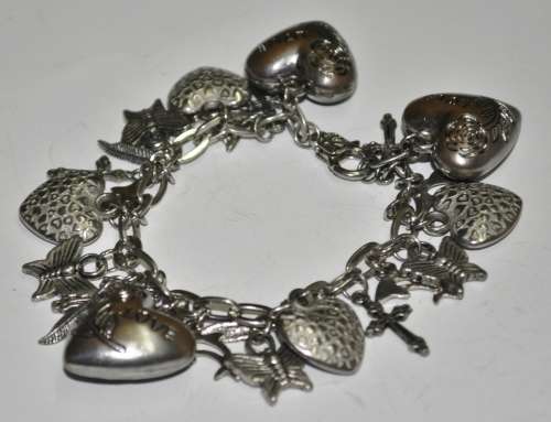 Vintage Silver Tone Love Themed Charm Bracelet - 25 Charms