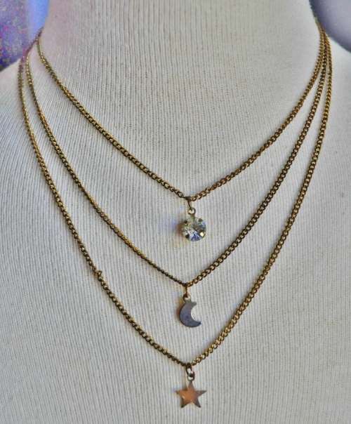 Vintage, Antique Gold Tone Three Strand Necklace with a Star, Moon and rhinesTone Pendant