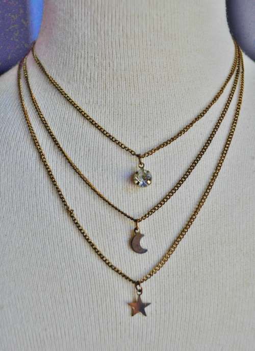 Vintage, Antique Gold Tone Three Strand Necklace with a Star, Moon and rhinesTone Pendant