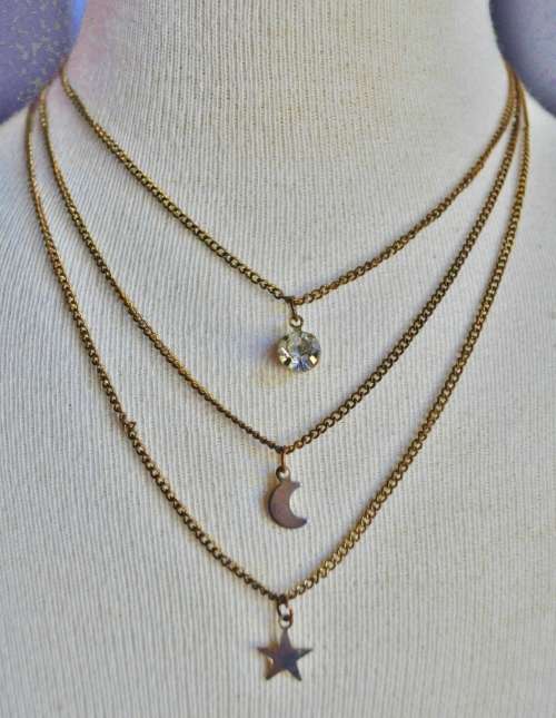Vintage, Antique Gold Tone Three Strand Necklace with a Star, Moon and rhinesTone Pendant