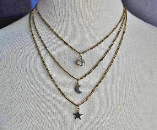 Vintage, Antique Gold Tone Three Strand Necklace with a Star, Moon and rhinesTone Pendant
