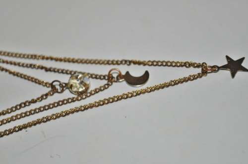 Vintage, Antique Gold Tone Three Strand Necklace with a Star, Moon and rhinesTone Pendant