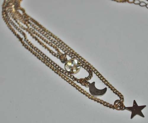Vintage, Antique Gold Tone Three Strand Necklace with a Star, Moon and rhinesTone Pendant