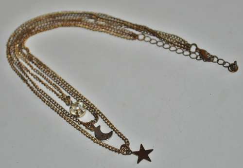 Vintage, Antique Gold Tone Three Strand Necklace with a Star, Moon and rhinesTone Pendant