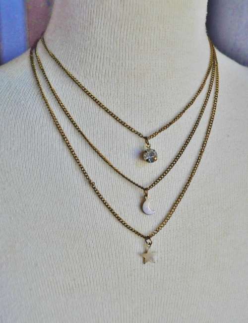Vintage, Antique Gold Tone Three Strand Necklace with a Star, Moon and rhinesTone Pendant