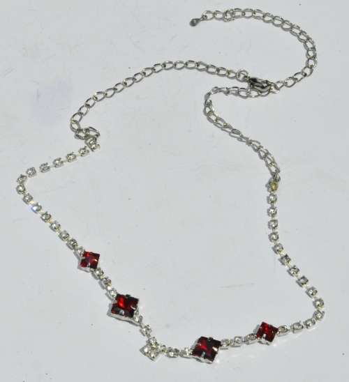 Vintage 1950s Glamour Ruby Red and Clear RhinesTone Silver Tone Necklace