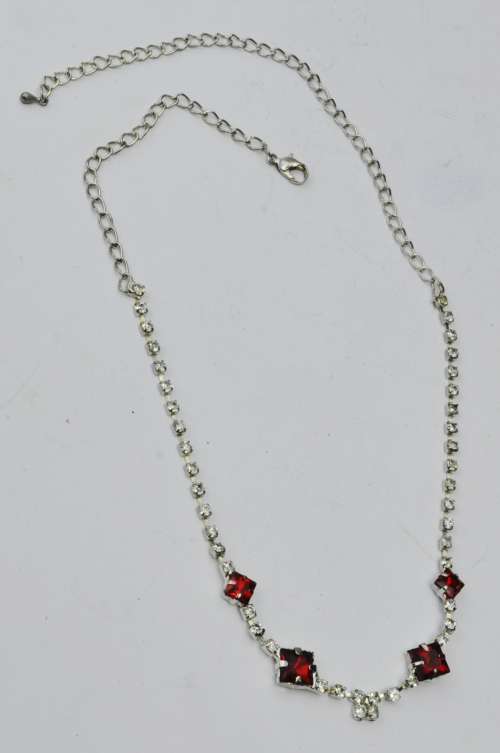 Vintage 1950s Glamour Ruby Red and Clear RhinesTone Silver Tone Necklace
