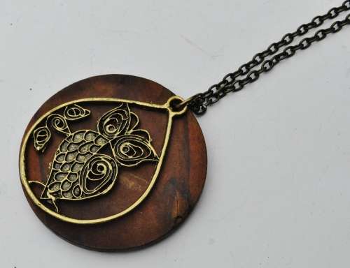 Vintage Gilt Filigree Owl over Round Wooden Disk Pendant on Antique Brass Tone Chain