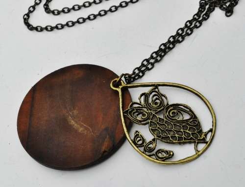 Vintage Gilt Filigree Owl over Round Wooden Disk Pendant on Antique Brass Tone Chain