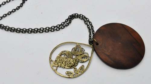 Vintage Gilt Filigree Owl over Round Wooden Disk Pendant on Antique Brass Tone Chain