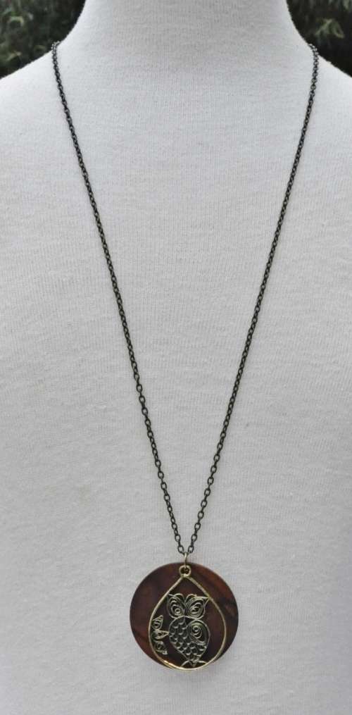 Vintage Gilt Filigree Owl over Round Wooden Disk Pendant on Antique Brass Tone Chain