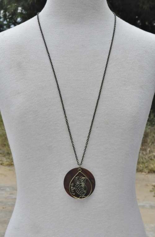 Vintage Gilt Filigree Owl over Round Wooden Disk Pendant on Antique Brass Tone Chain