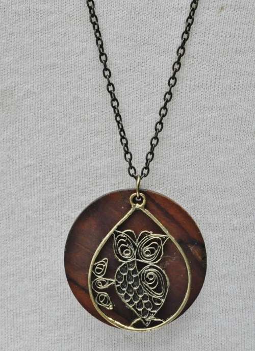 Vintage Gilt Filigree Owl over Round Wooden Disk Pendant on Antique Brass Tone Chain
