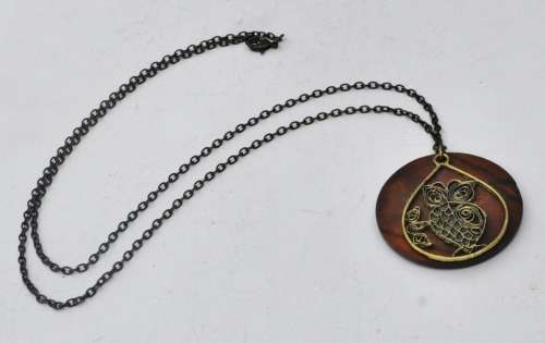 Vintage Gilt Filigree Owl over Round Wooden Disk Pendant on Antique Brass Tone Chain