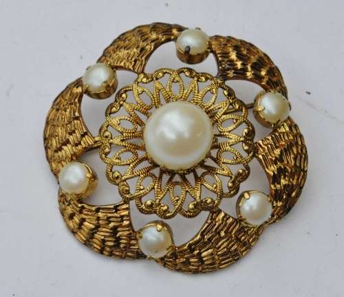 Vintage Engraved and Stamped Gilt Metal with Faux Pearl Brooch Pin