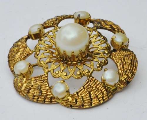 Vintage Engraved and Stamped Gilt Metal with Faux Pearl Brooch Pin