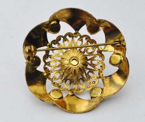 Vintage Engraved and Stamped Gilt Metal with Faux Pearl Brooch Pin