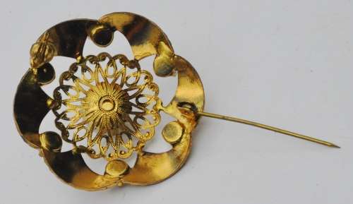 Vintage Engraved and Stamped Gilt Metal with Faux Pearl Brooch Pin