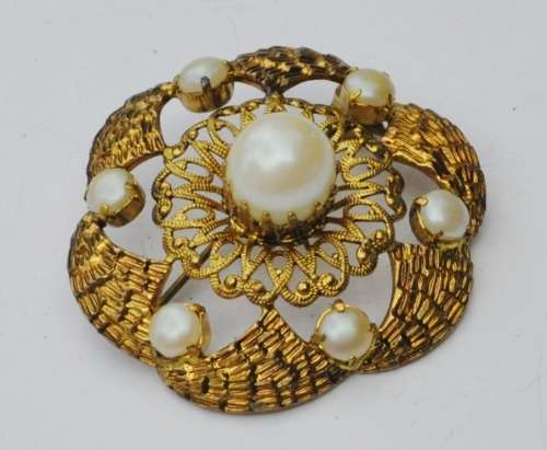 Vintage Engraved and Stamped Gilt Metal with Faux Pearl Brooch Pin