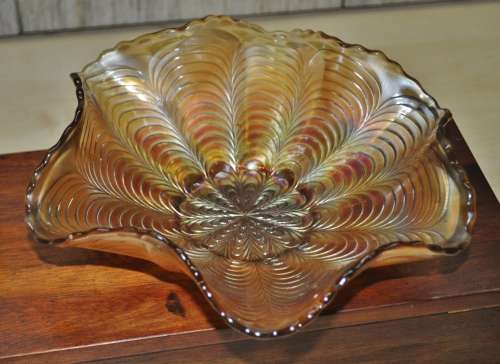 Vintage Peach Opalescent Carnival Glass Ruffled Bowl