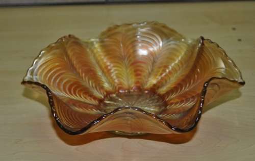 Vintage Peach Opalescent Carnival Glass Ruffled Bowl