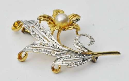 Vintage 1940s 18 ct Gold Plated Sterling Silver, Rhinestone and Faux Pearl Brooch Pin stamped 925