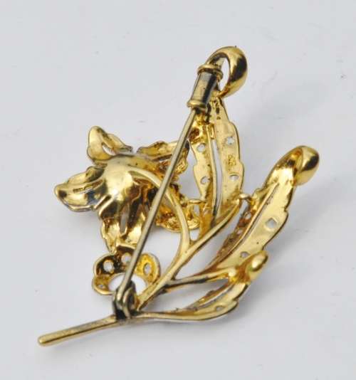 Vintage 1940s 18 ct Gold Plated Sterling Silver, Rhinestone and Faux Pearl Brooch Pin stamped 925