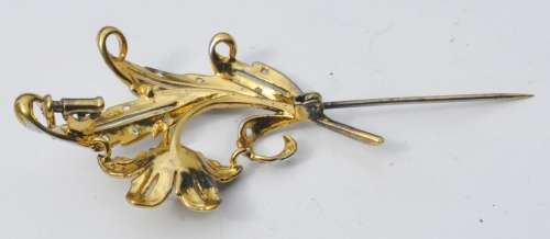 Vintage 1940s 18 ct Gold Plated Sterling Silver, Rhinestone and Faux Pearl Brooch Pin stamped 925