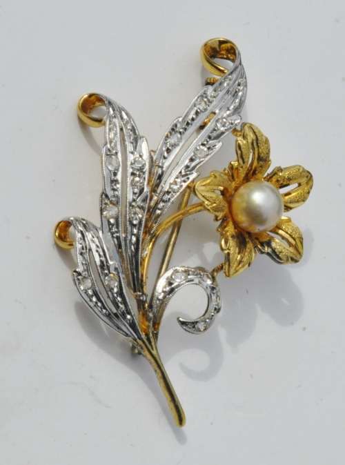 Vintage 1940s 18 ct Gold Plated Sterling Silver, Rhinestone and Faux Pearl Brooch Pin stamped 925
