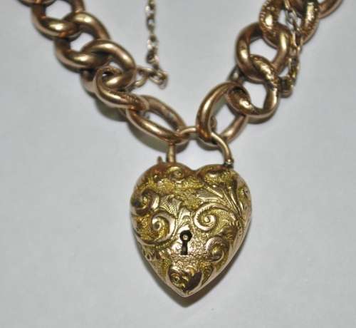 Antique Victorian 9 ct Rose and Yellow Gold Curb Link Bracelet with Heart Padlock and Charms c1900