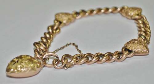 Antique Victorian 9 ct Rose and Yellow Gold Curb Link Bracelet with Heart Padlock and Charms c1900
