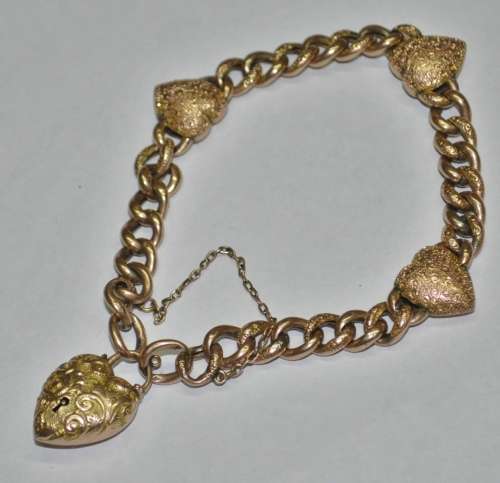 Antique Victorian 9 ct Rose and Yellow Gold Curb Link Bracelet with Heart Padlock and Charms c1900