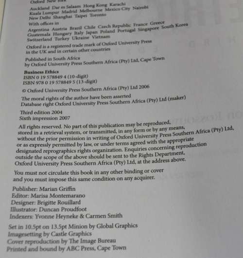 Business Ethics by Deon Rossouw with Leon van Vuuren ISBN 9780195788495