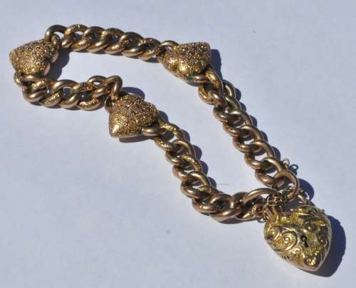 Antique Victorian 9 ct Rose and Yellow Gold Curb Link Bracelet with Heart Padlock and Charms c1900