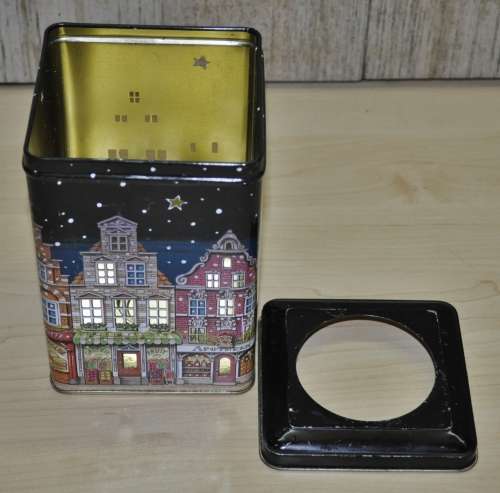 Vintage, Collectible Tea Light Lantern City Scene Tin by Bickery Food Group Netherlands