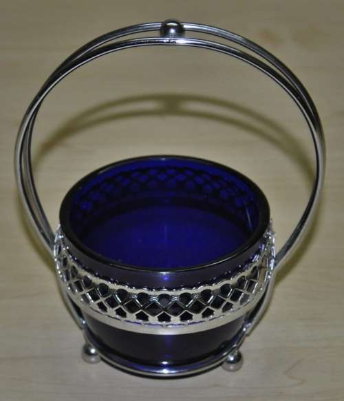 Vintage Cobalt Blue Glass Bowl in Silver Plated Basket Cradle Candy Dish