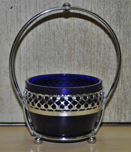 Vintage Cobalt Blue Glass Bowl in Silver Plated Basket Cradle Candy Dish