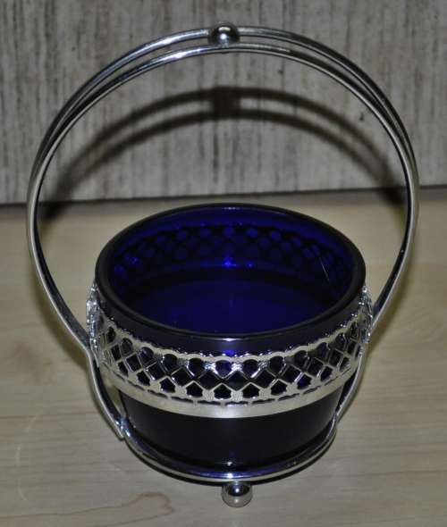 Vintage Cobalt Blue Glass Bowl in Silver Plated Basket Cradle Candy Dish