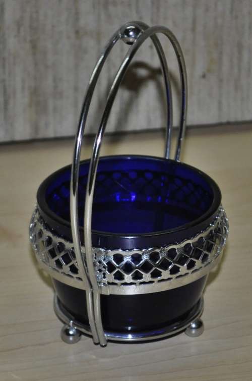 Vintage Cobalt Blue Glass Bowl in Silver Plated Basket Cradle Candy Dish