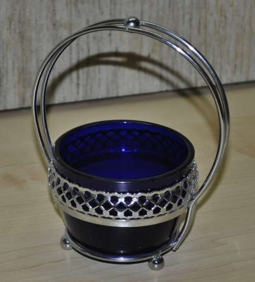 Vintage Cobalt Blue Glass Bowl in Silver Plated Basket Cradle Candy Dish